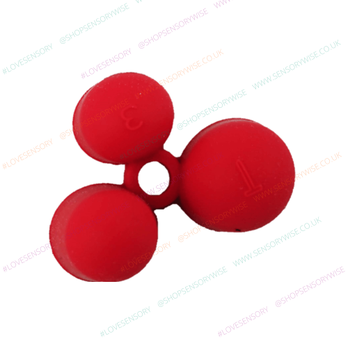 Red claw-style flexible pencil grip with three rounded prongs
