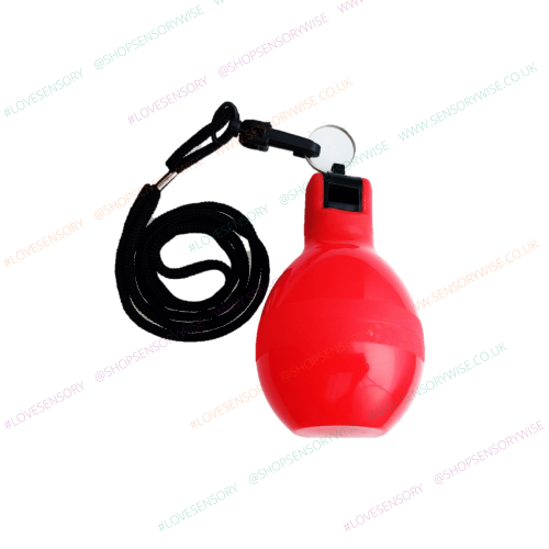 Squeeze whistle with black lanyard and red squeezable bulb