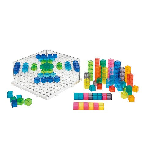 Colorful reflection activity set with translucent light prism tiles and base grid