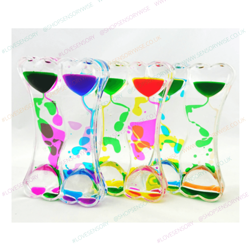 Set of four clear hourglass timers with bright green, blue, purple and orange liquid