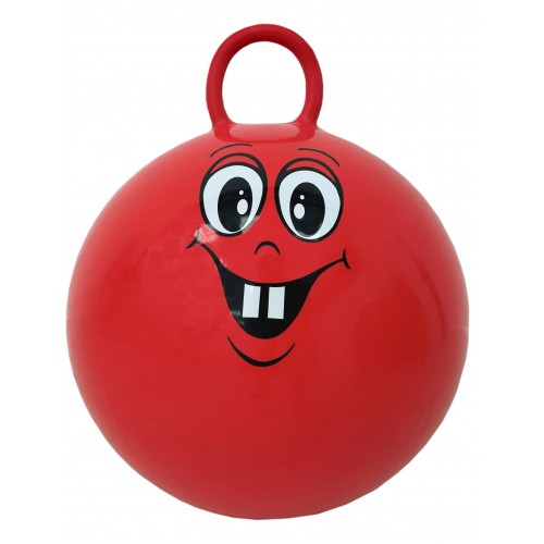 Red space hopper ball with carry handle and smiling cartoon face