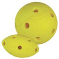 Yellow rugby-ball shaped jingle bell balls with small dark dot accents
