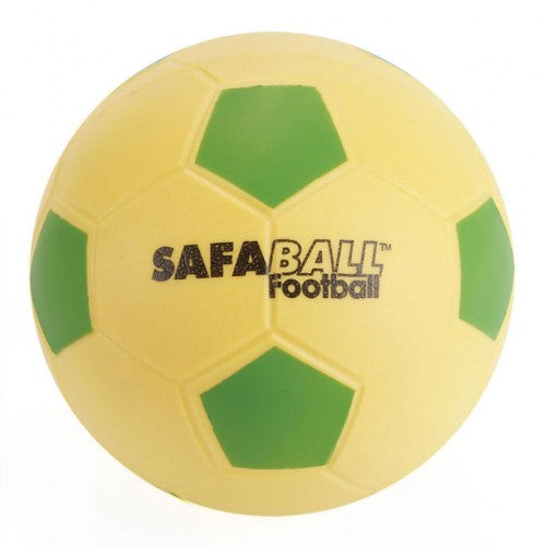 Soft touch football, yellow with green panel sections and SAFABALL Football logo