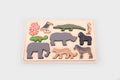 Wooden safari animal layer puzzle board with layered animal pieces arranged