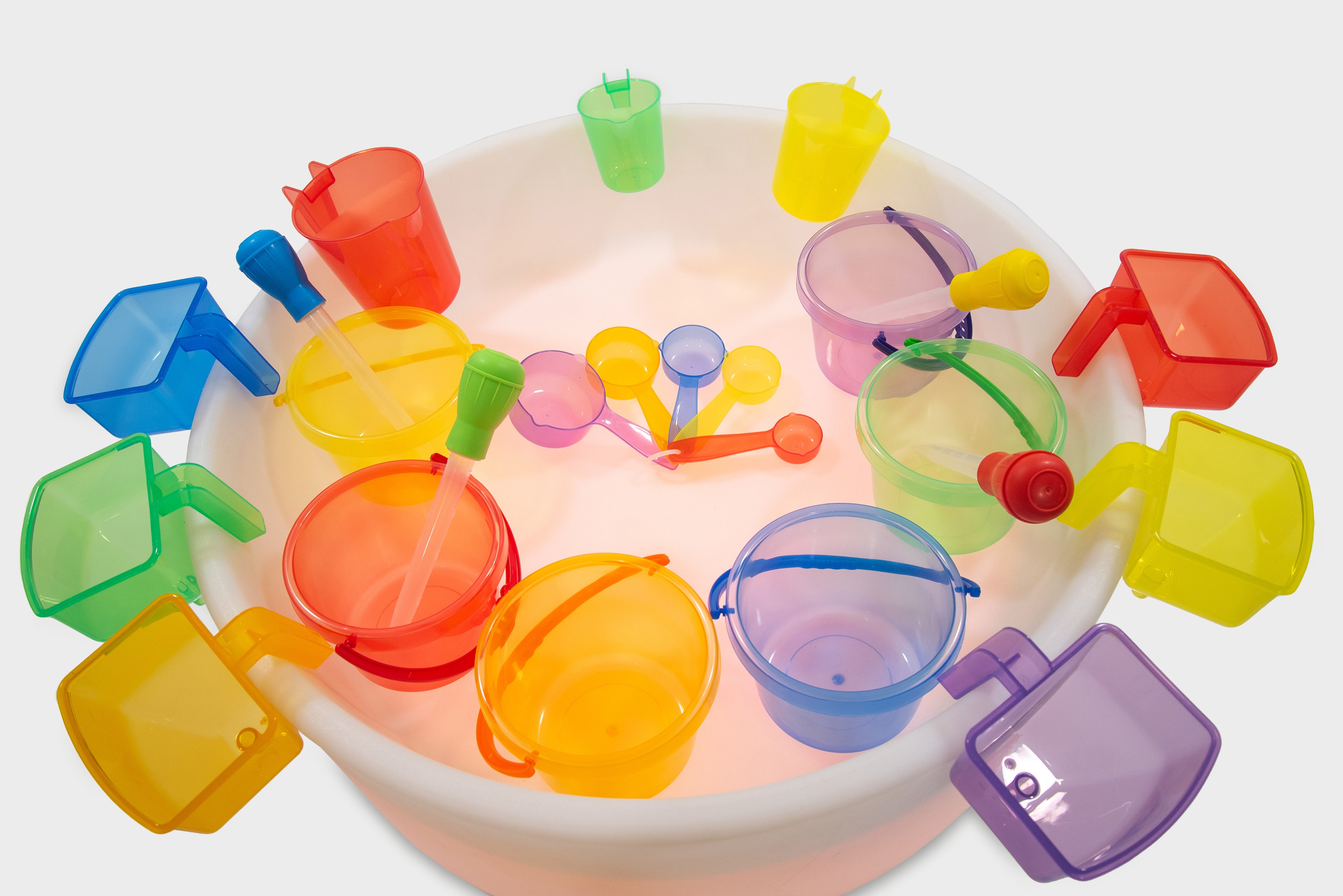 Round basin sand and water table with colorful buckets, cups, and hoses