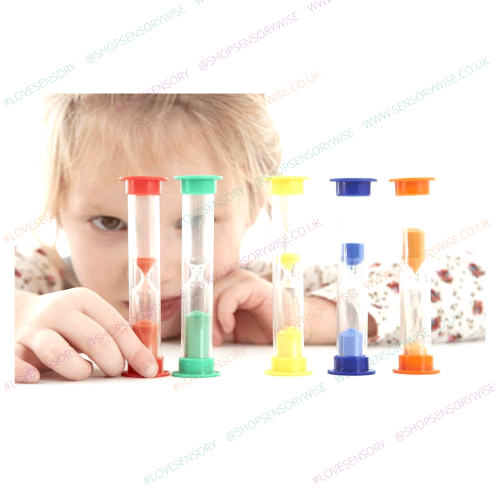 Sand timer set with five mini timers in red, green, blue, yellow, and orange