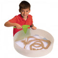 Sand writer set with green funnel and large shallow tray for sand drawing