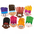 Hair style paper cutout set with cartoon heads showing 8 assorted hairstyles