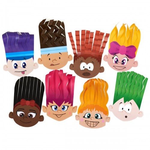 Hair style paper cutout set with cartoon heads showing 8 assorted hairstyles