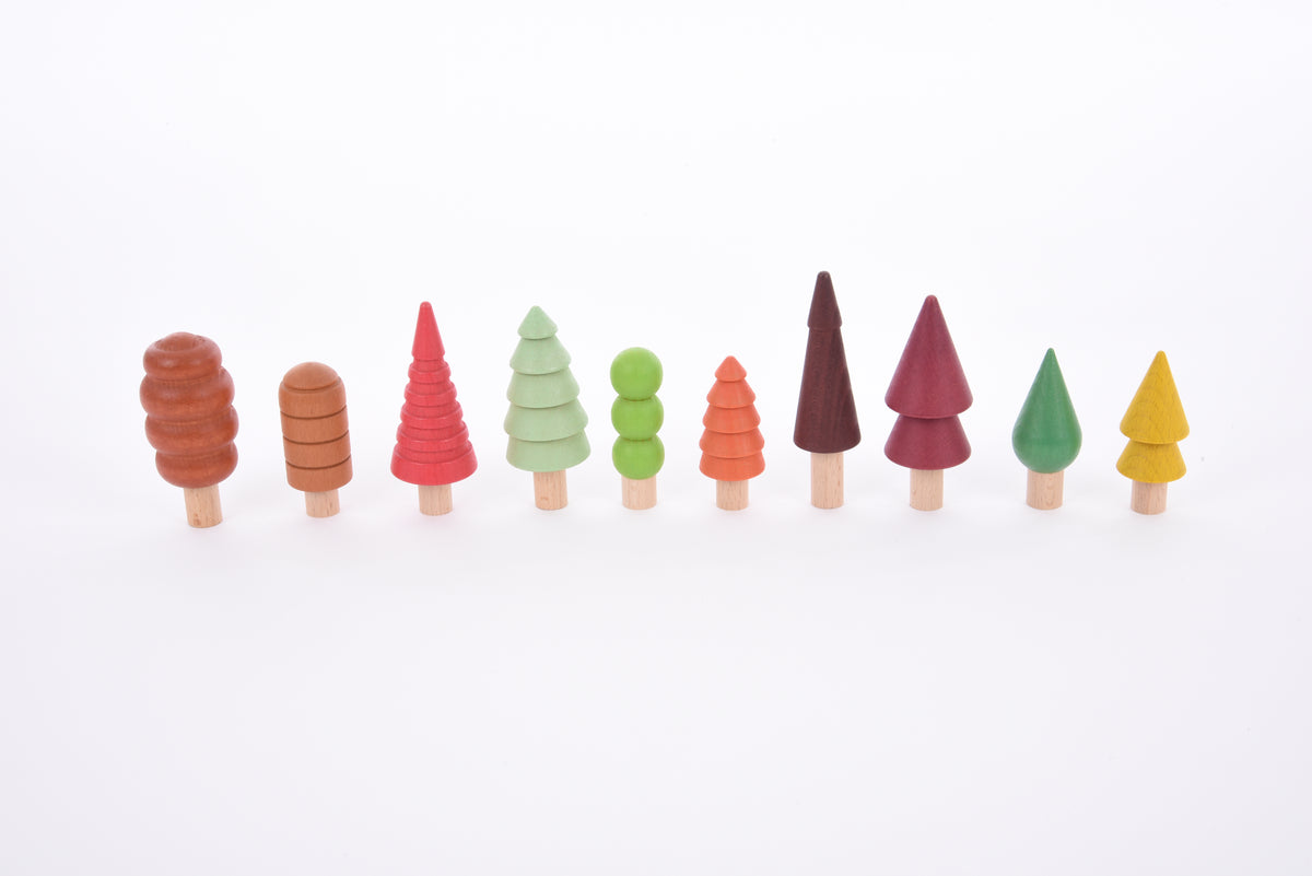 Small multicolor wooden tree figures, assorted shapes and colors