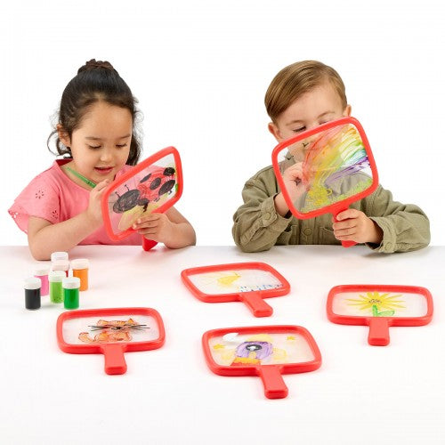 Set of 6 translucent learning paddles with red frames and colorful picture panels
