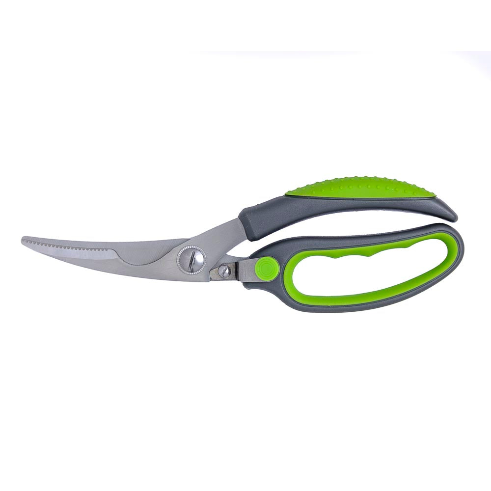 Self-opening multi-function shears with gray blades and green ergonomic handles