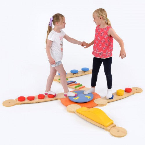 Sensory balance beam set with wooden platforms and colorful foam balance pads