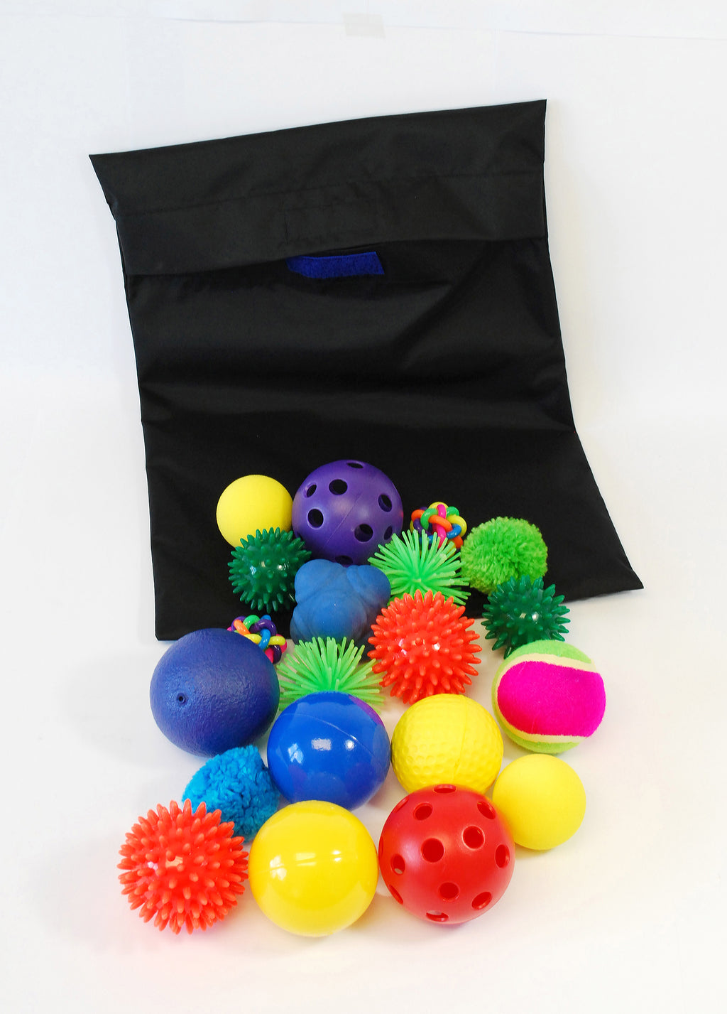 Sensory ball pack: open black pouch with assorted blue, yellow, red spiky balls
