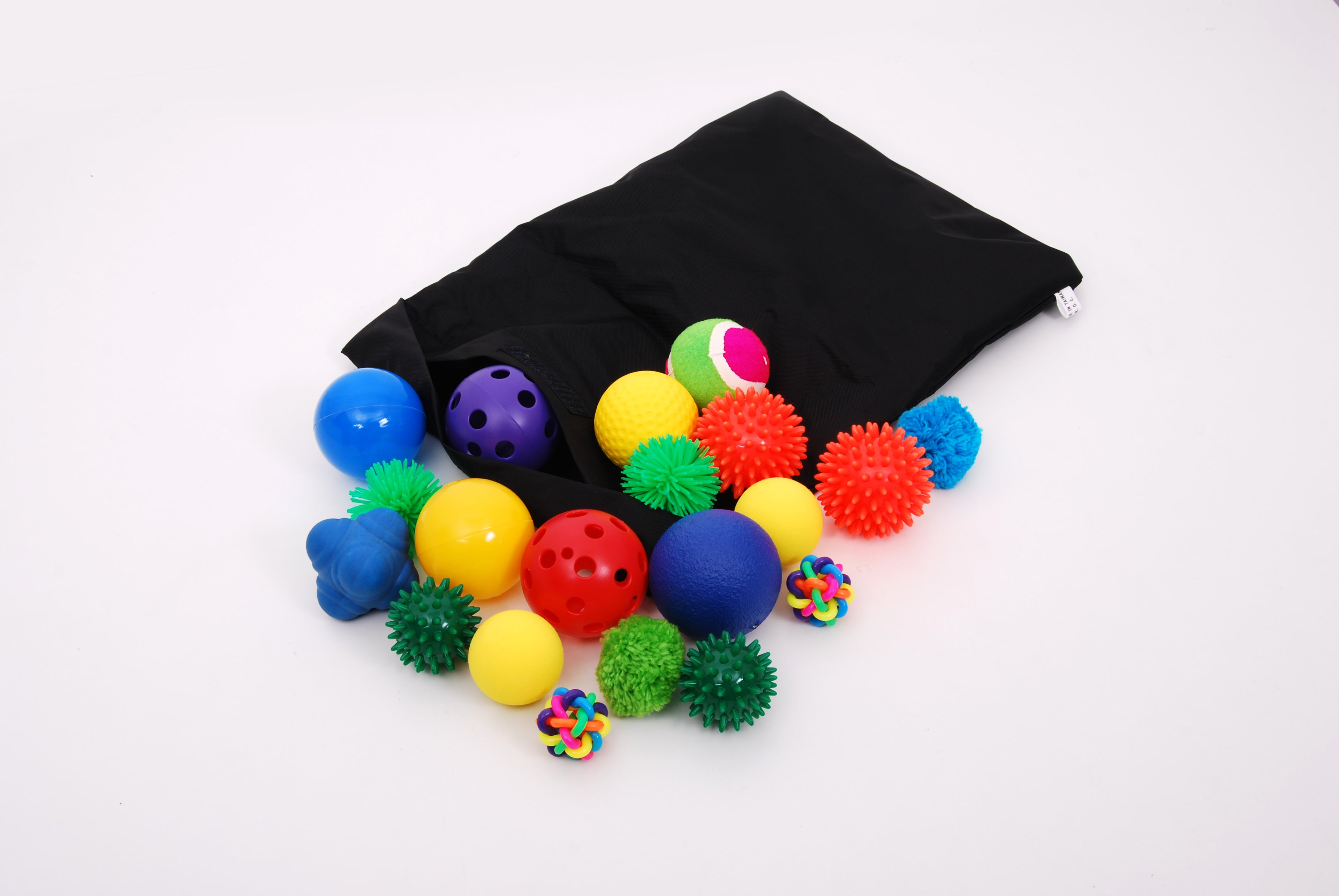 Sensory ball pack in black bag with multicolor spiky balls and smooth spheres