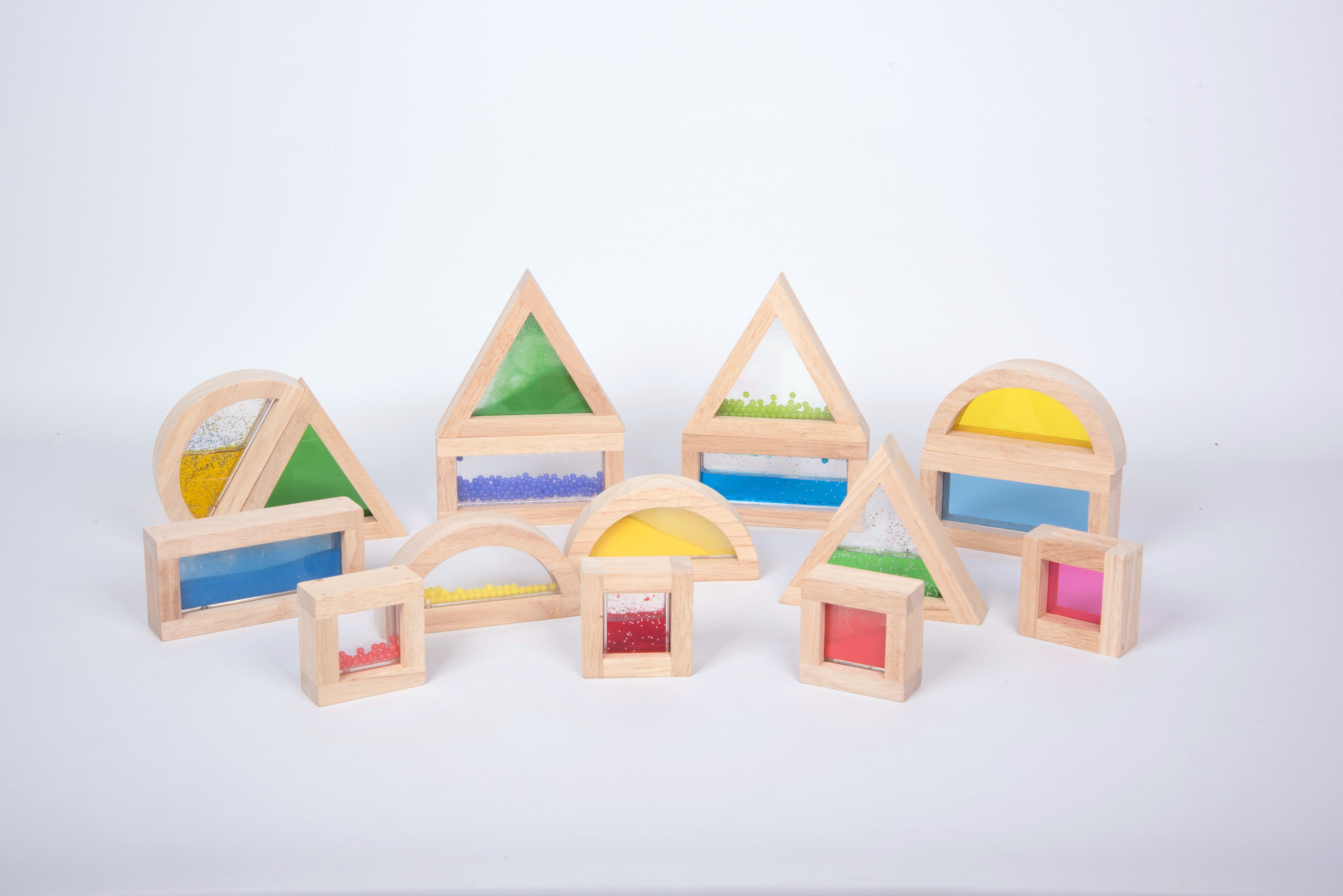 Wooden sensory blocks set with colorful bead inserts in various geometric shapes