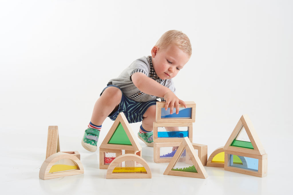 Wooden sensory blocks set with rainbow bead panels and geometric arches