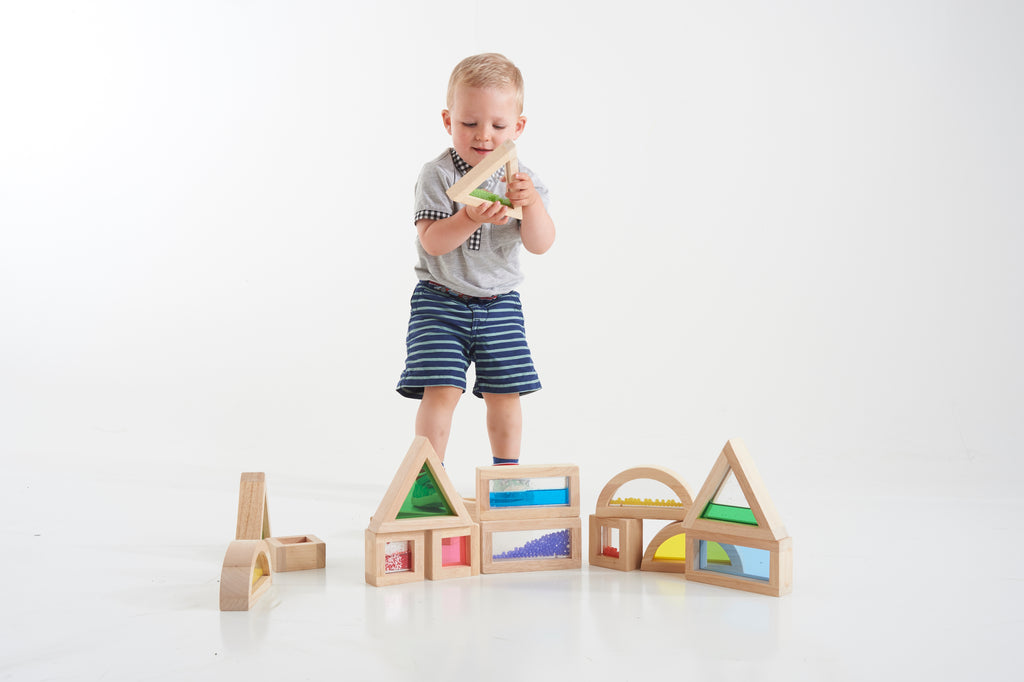 Wooden sensory blocks set with rainbow-colored sliding beads in geometric frames