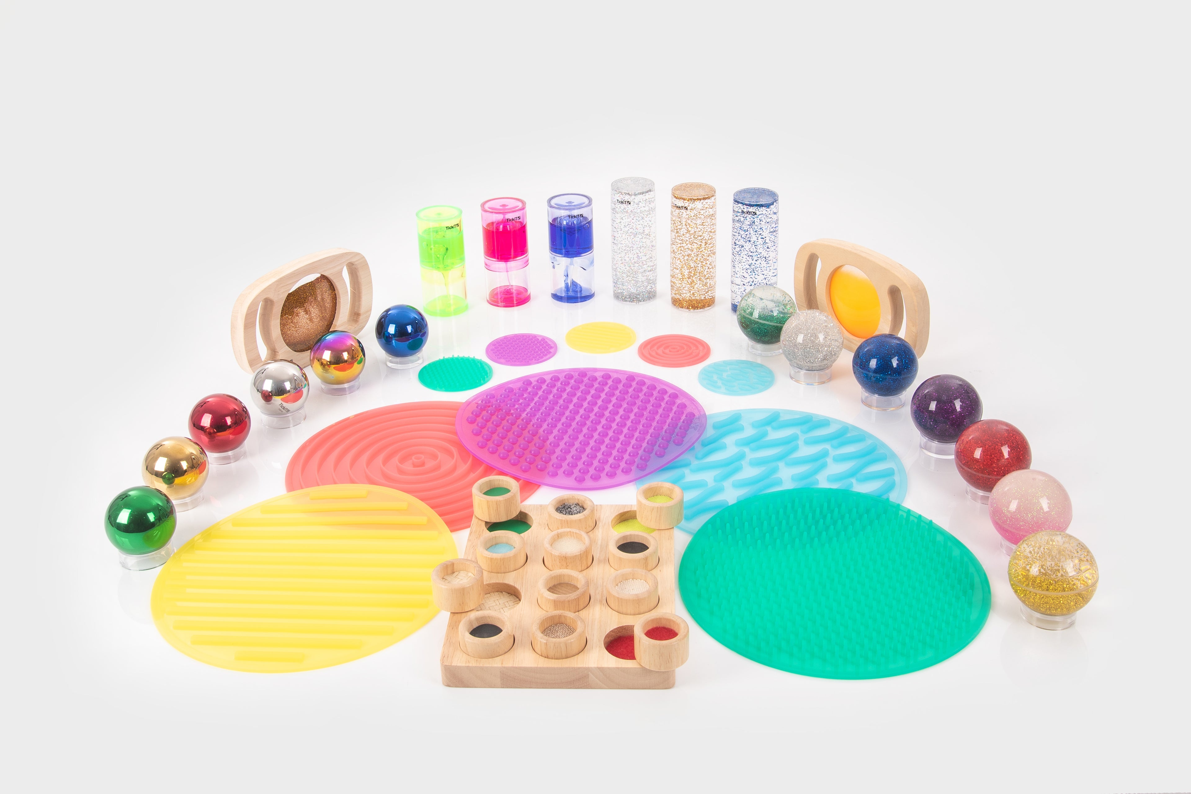 Sensory play set with round tactile pads, bead balls, and wooden activity tray