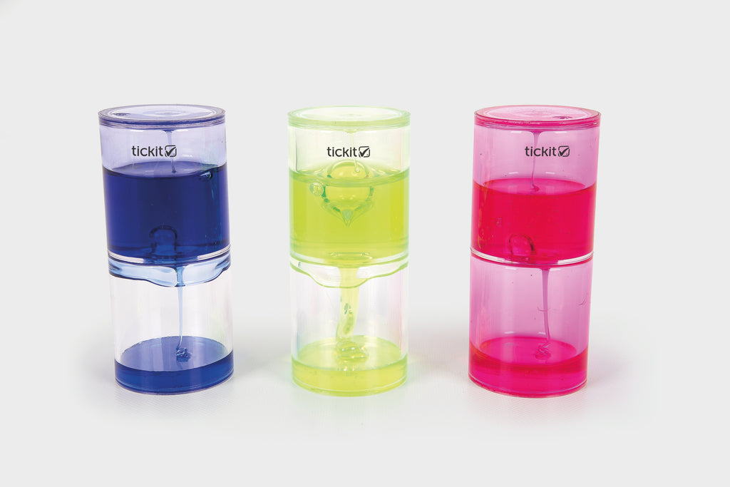 tickit ooze tubes, blue, light green, and pink translucent containers