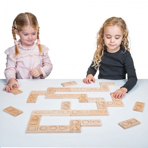 Wooden sensory shape domino set with flat picture tiles on table