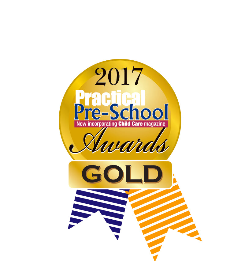 2017 Practical Pre-School Awards Gold badge with rainbow ribbon