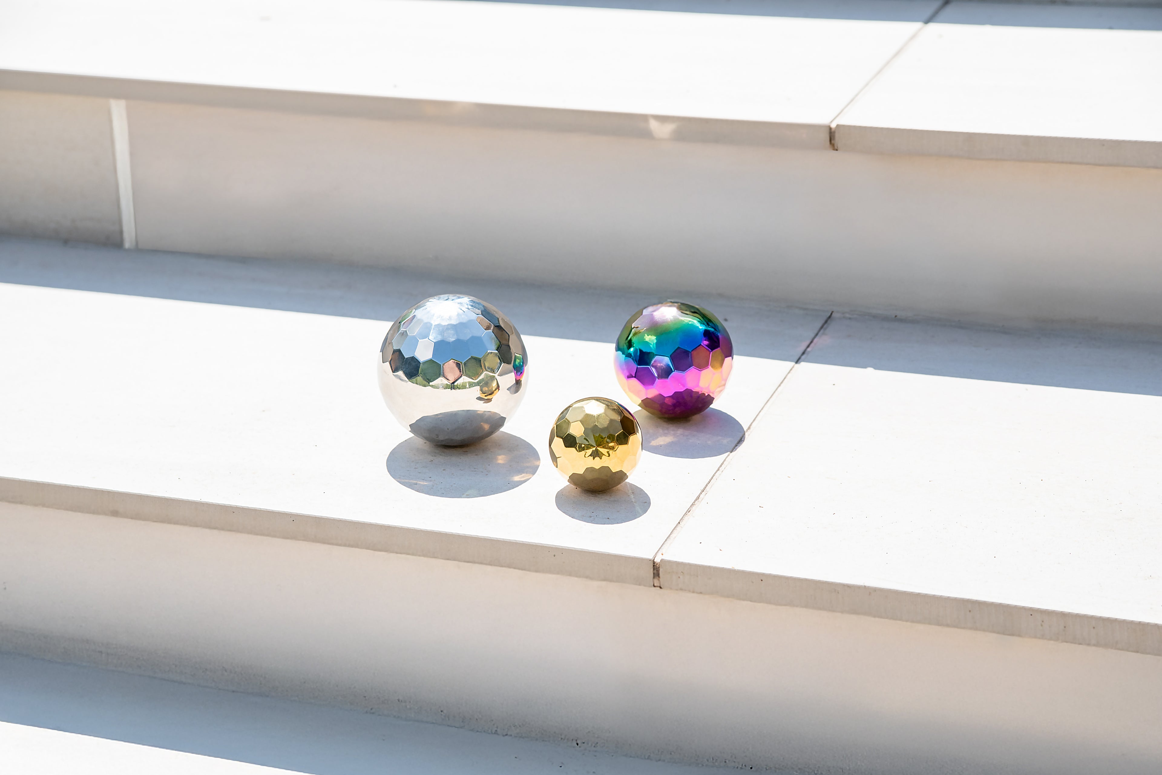 Iridescent metallic mosaic balls set of 3: silver, rainbow, and gold