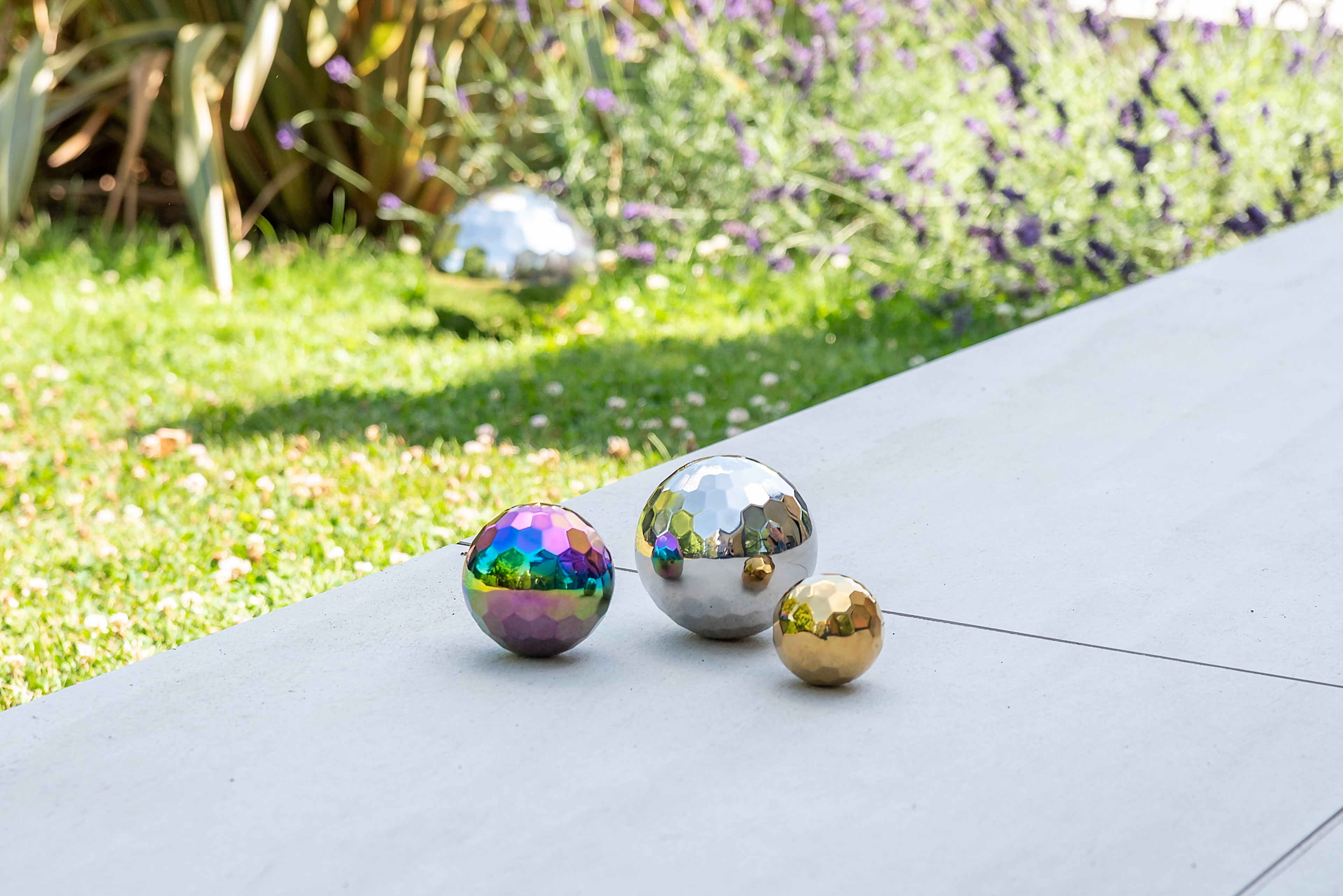 Iridescent metallic mosaic balls set of 3: rainbow, silver, and gold