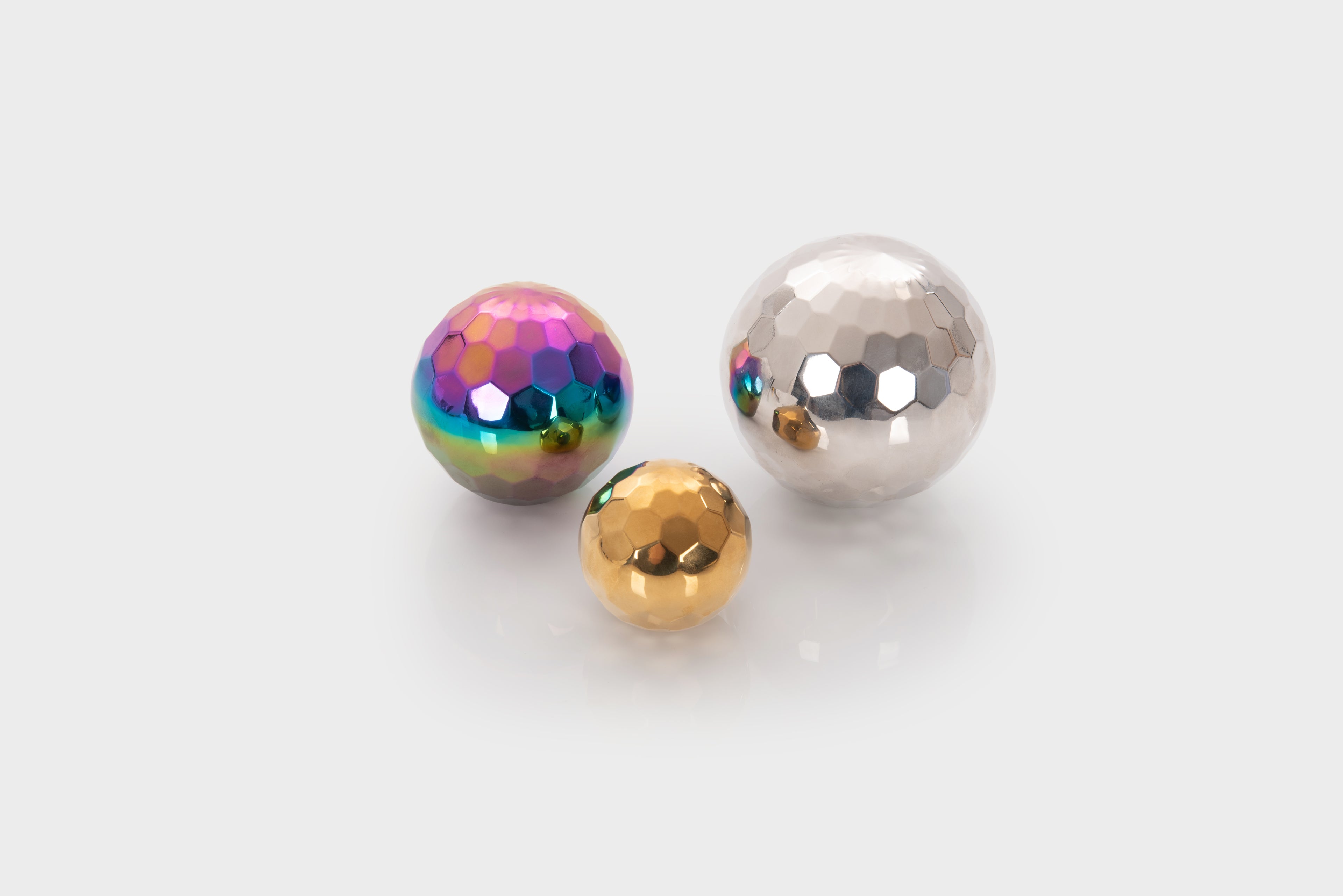 Iridescent metallic mosaic balls set of 3: rainbow, silver, and gold