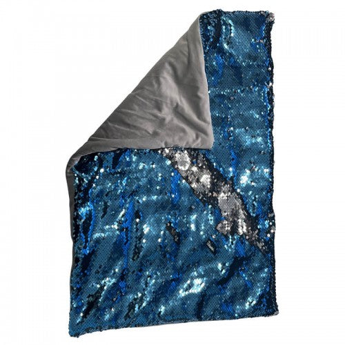Blue sequin weighted lap pad with gray fabric backing and folded hood
