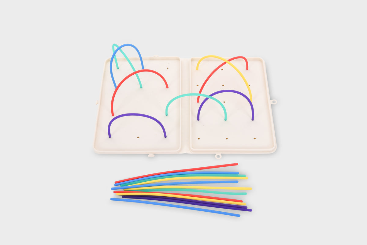 Two beige activity maze inserts with colorful arched routes and rainbow strips