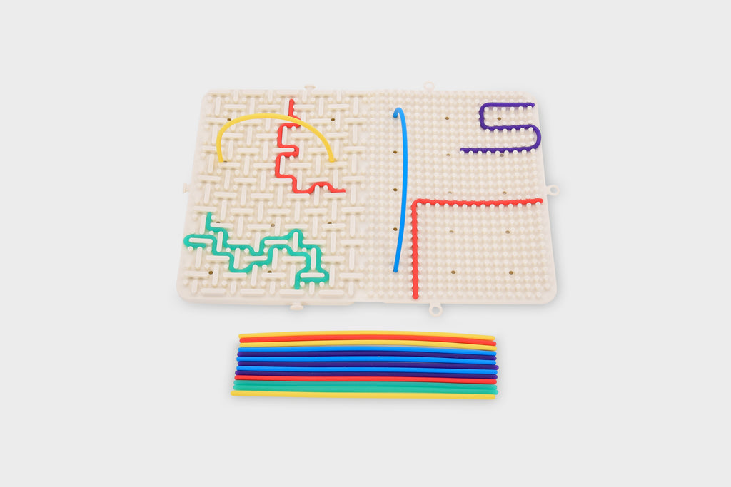 Beige activity maze board with colorful path lines and rainbow strips