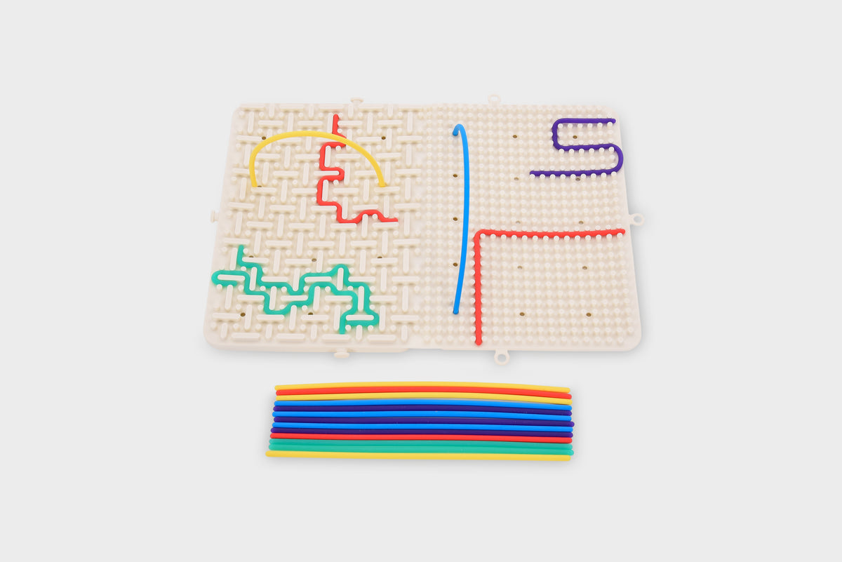 Beige activity maze board with colorful path lines and rainbow strips