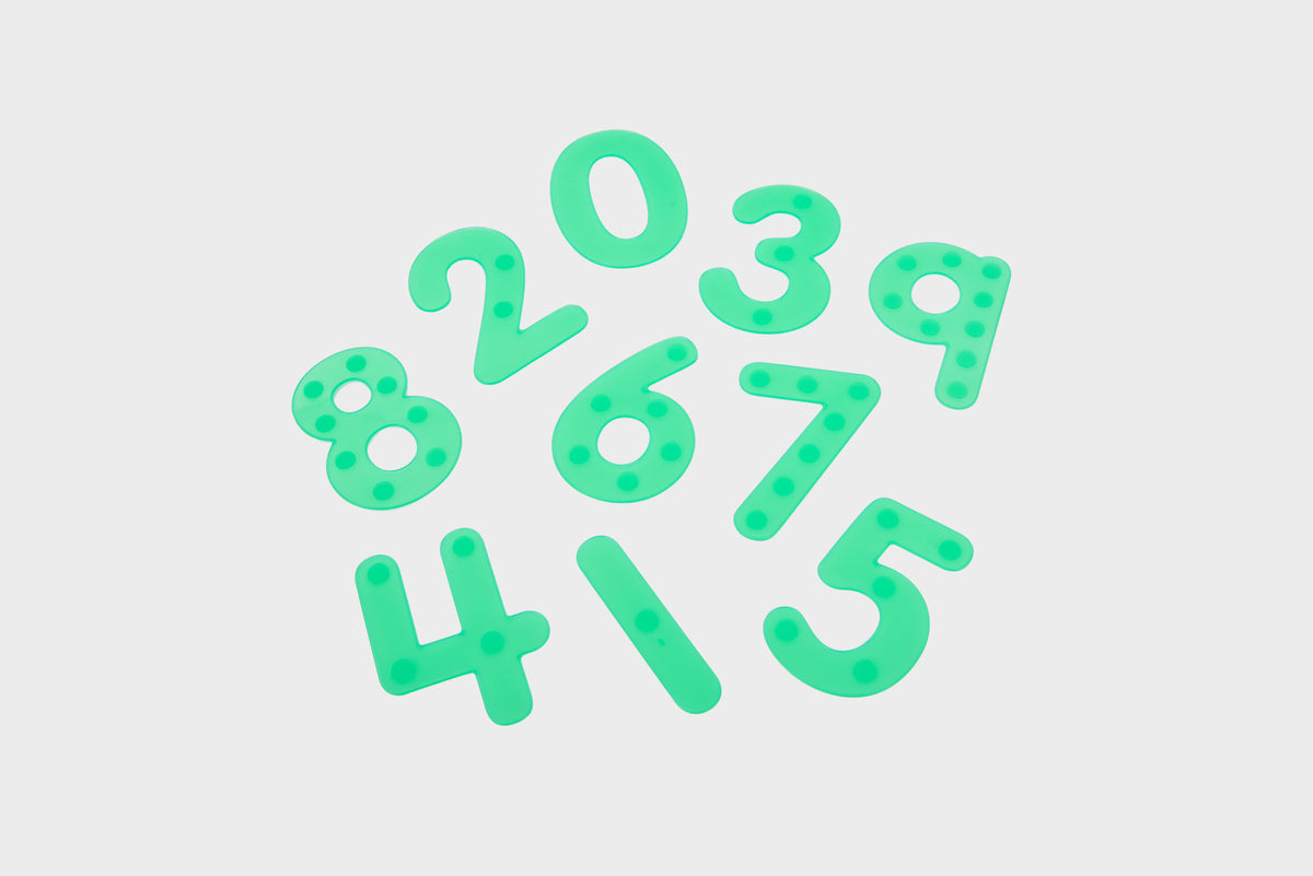 Set of green dot number tiles showing digits 0 to 9