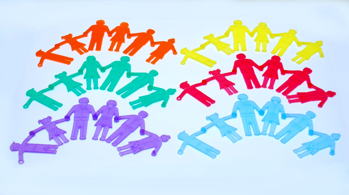 Assorted colorful plastic people figures, linked-style toy pieces in mixed positions