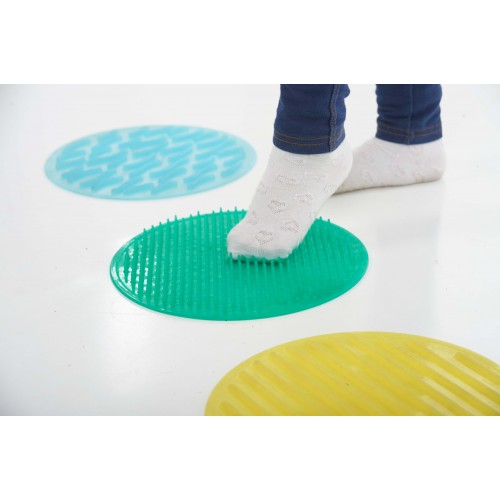 Sensory circles play set with textured green, yellow, and blue stepping discs