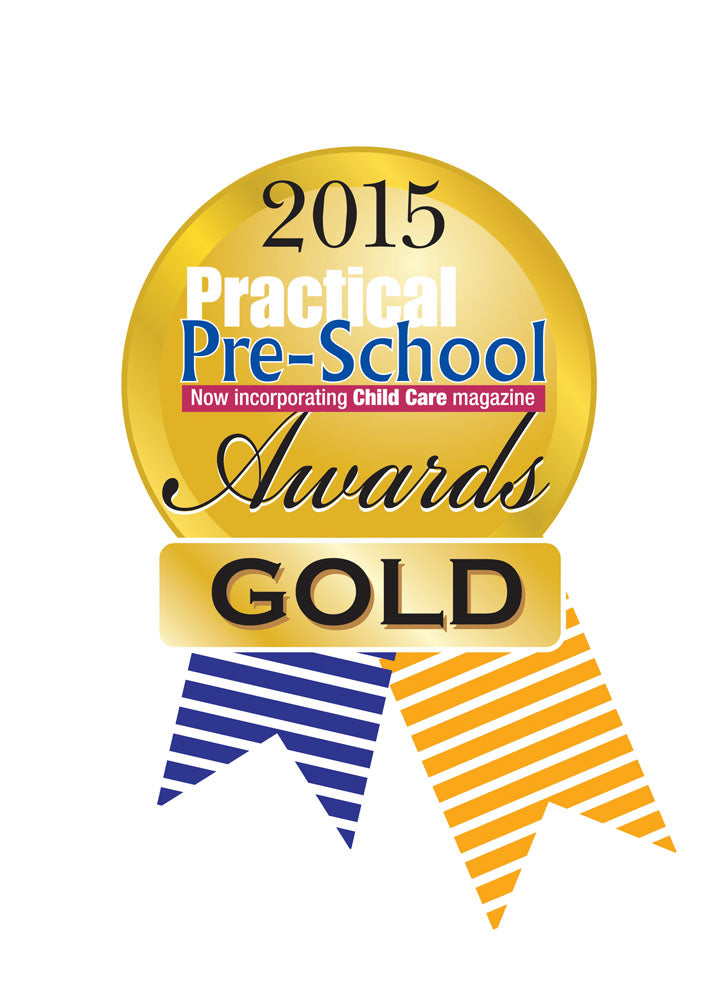 Gold award badge with 2015 Practical Pre-School Awards lettering