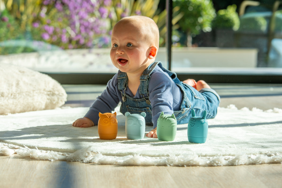 Animal squirter toys on play mat in orange, teal, green, and blue