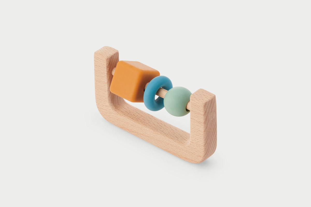 Wooden arch baby rattle, orange block and teal beads with cream accents on light wood