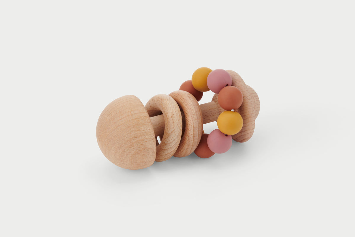 Wooden bead rattle toy with stacked wooden discs and pastel bead accents