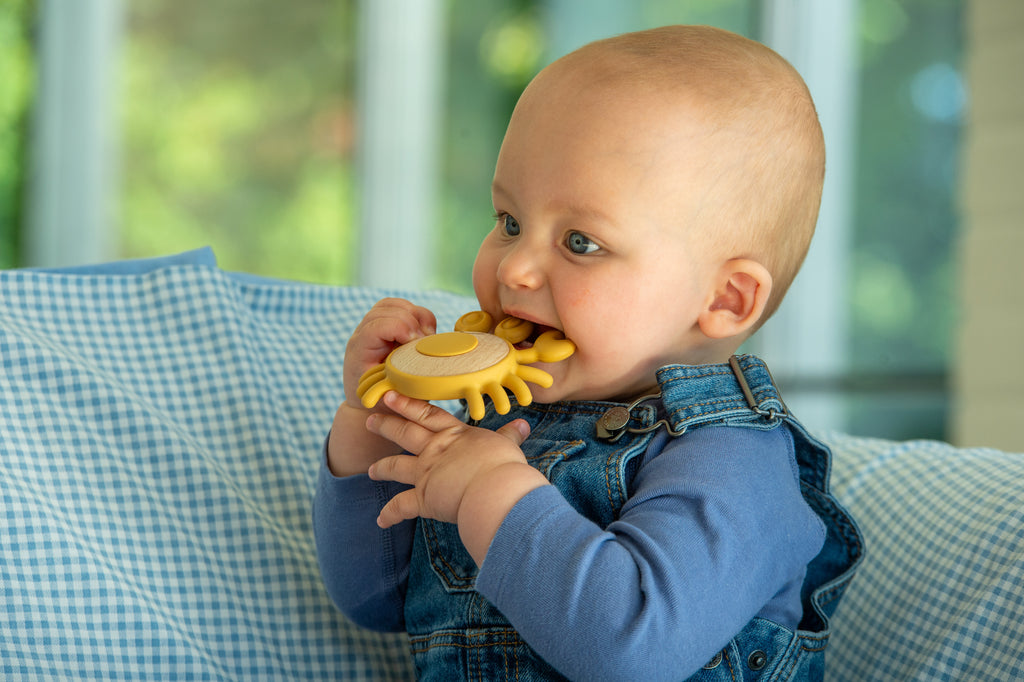 Silisoft crab teether held by baby in blue denim outfit