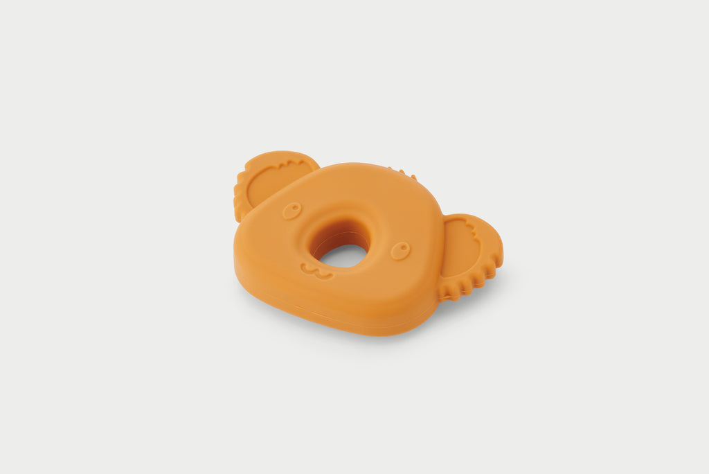 Orange koala-shaped silicone baby teether with circular teething ring and side grips