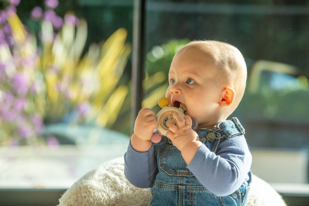 Baby grasping wooden ring teether rattle with round textured pieces