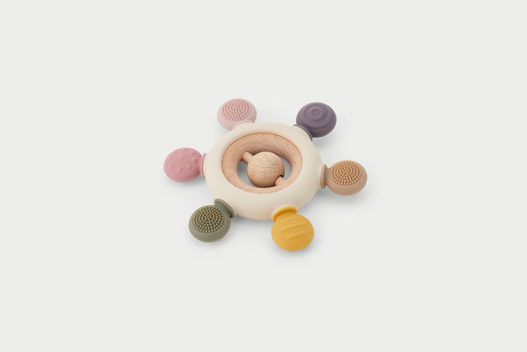 Baby rattle teether with wooden ring and fabric beads, earth-tone colors