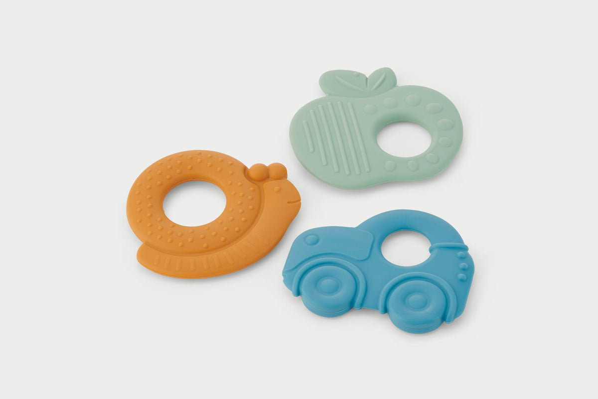 Silicone sensory teether set: orange ring, green apple, blue car-shaped teether