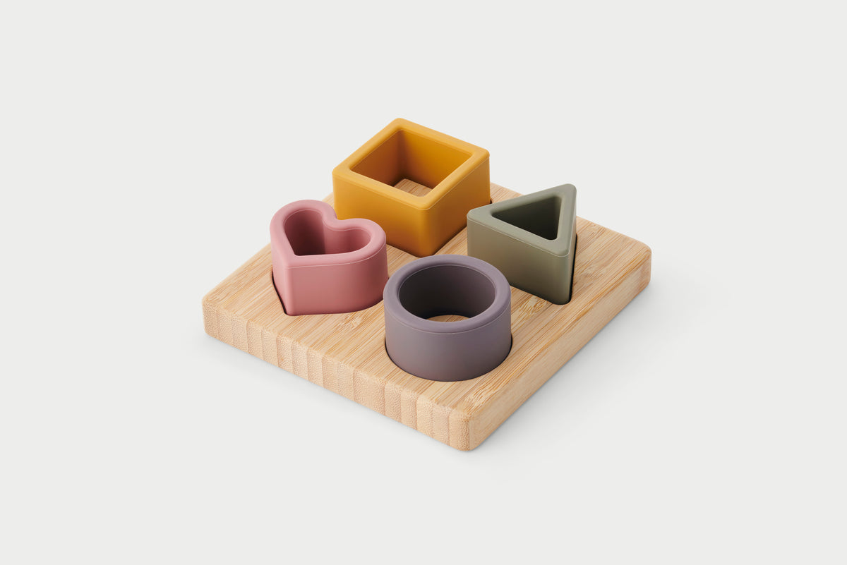 Silisoft shape puzzle set with wooden tray and silicone shape blocks, 4 pieces