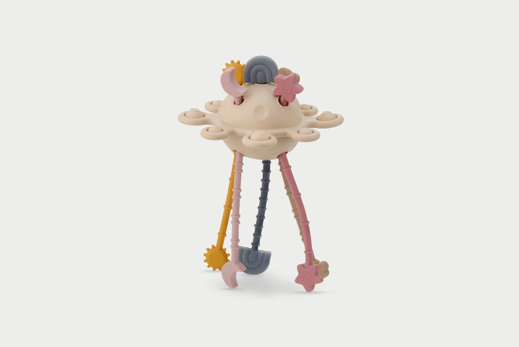 Silisoft zip pull earth toy with planet charm on cream fabric and dangling legs