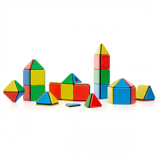Magnetic geometric building block set with colorful cubes, pyramids, and triangles