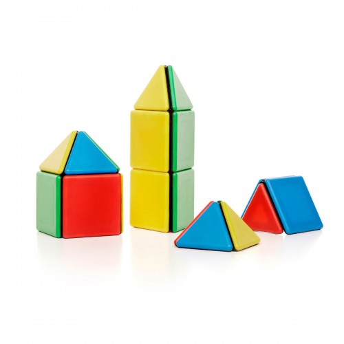 Colorful magnetic building block pieces, pyramids and cuboids in yellow, blue, red, green