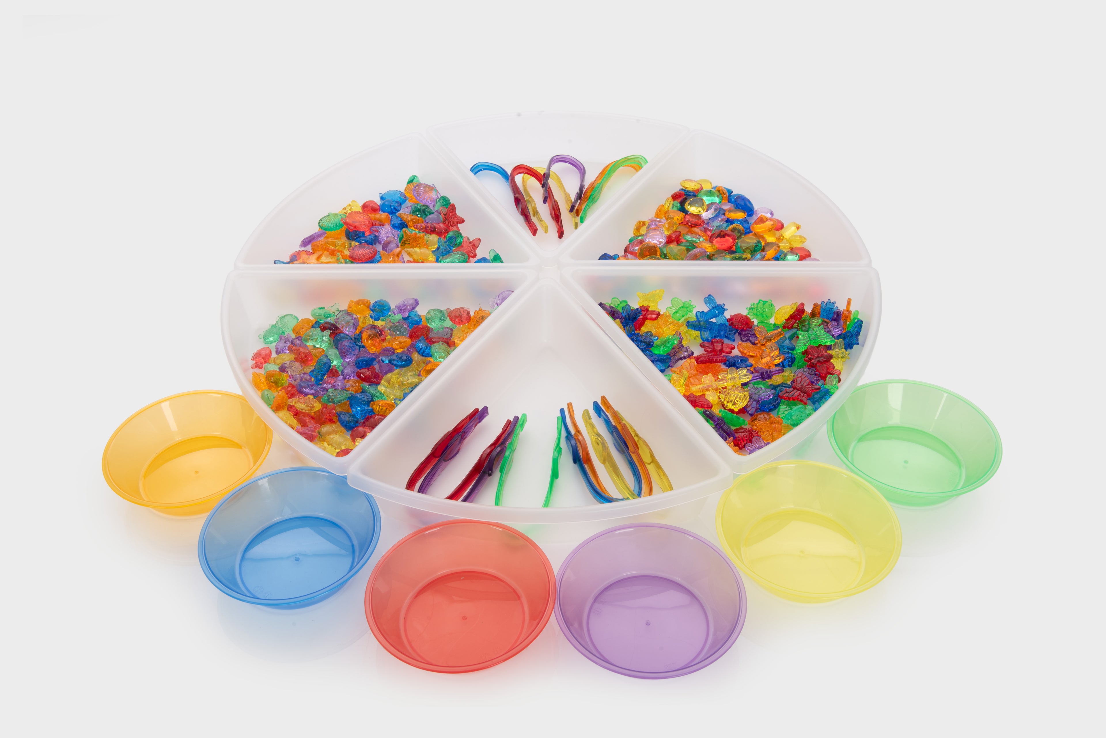 Sorting resource bundle with divided tray, multicolor pieces, and colored cups